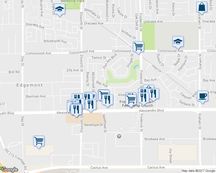 map of restaurants, bars, coffee shops, grocery stores, and more near 13853 Courage Street in Moreno Valley