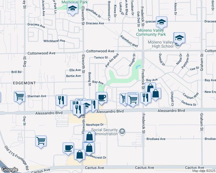 map of restaurants, bars, coffee shops, grocery stores, and more near 22631 Bay Avenue in Moreno Valley