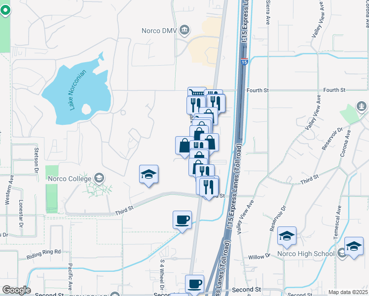 map of restaurants, bars, coffee shops, grocery stores, and more near 1819 Lampton Lane in Norco