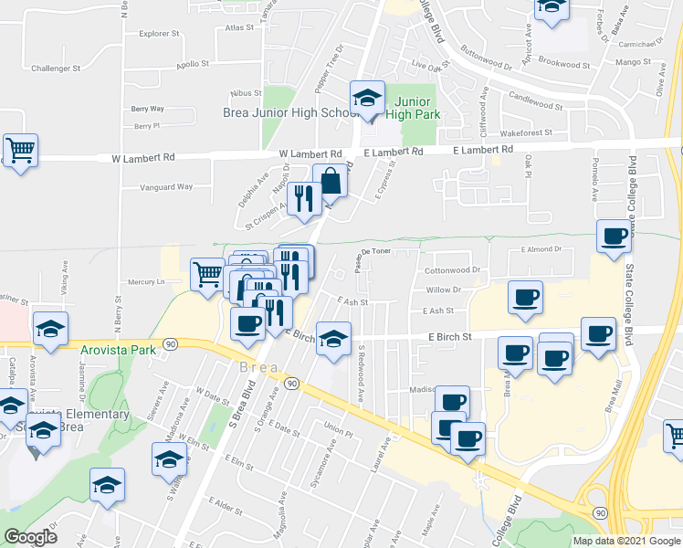 map of restaurants, bars, coffee shops, grocery stores, and more near 202 East Ash Street in Brea