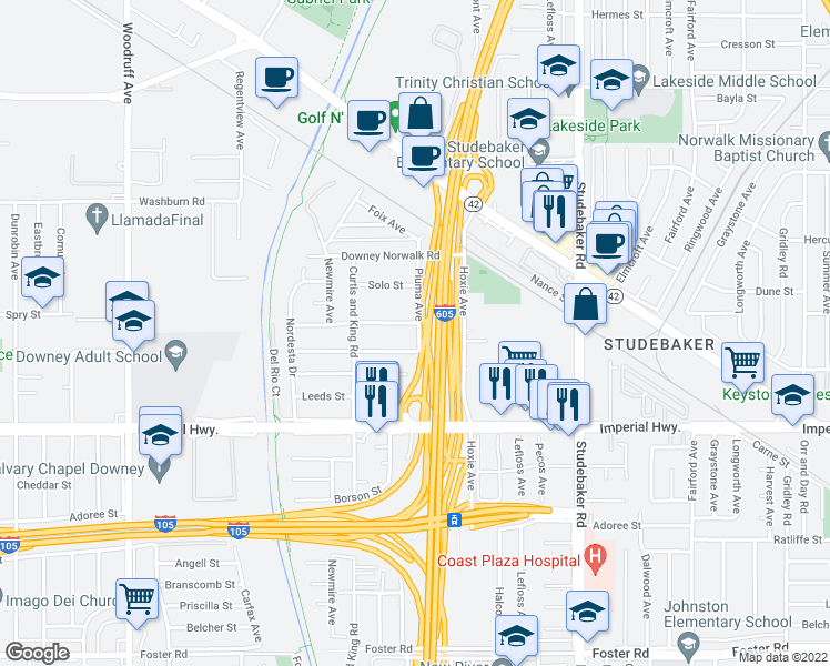map of restaurants, bars, coffee shops, grocery stores, and more near 10667 Everest Street in Norwalk