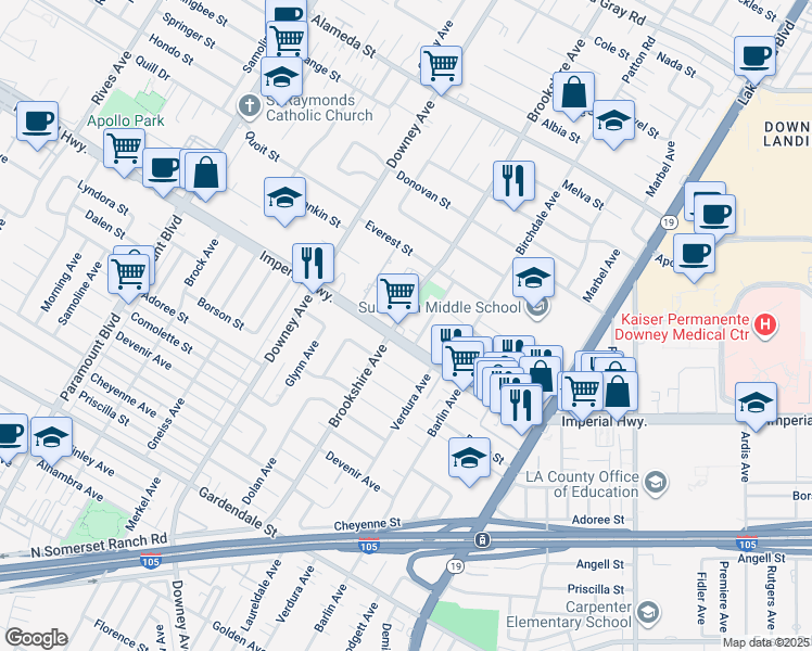 map of restaurants, bars, coffee shops, grocery stores, and more near 8529 Imperial Highway in Downey