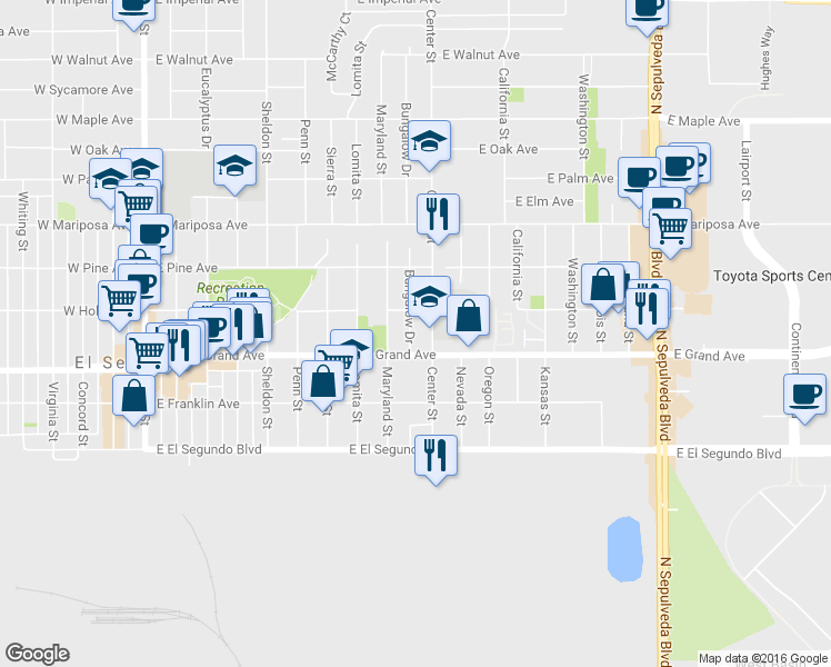 map of restaurants, bars, coffee shops, grocery stores, and more near 1003 East Grand Avenue in El Segundo