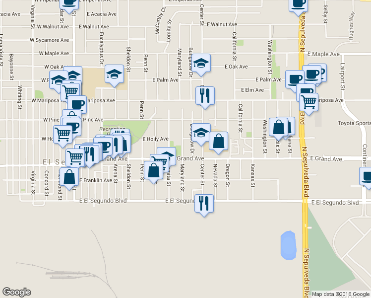 map of restaurants, bars, coffee shops, grocery stores, and more near 818 East Grand Avenue in El Segundo