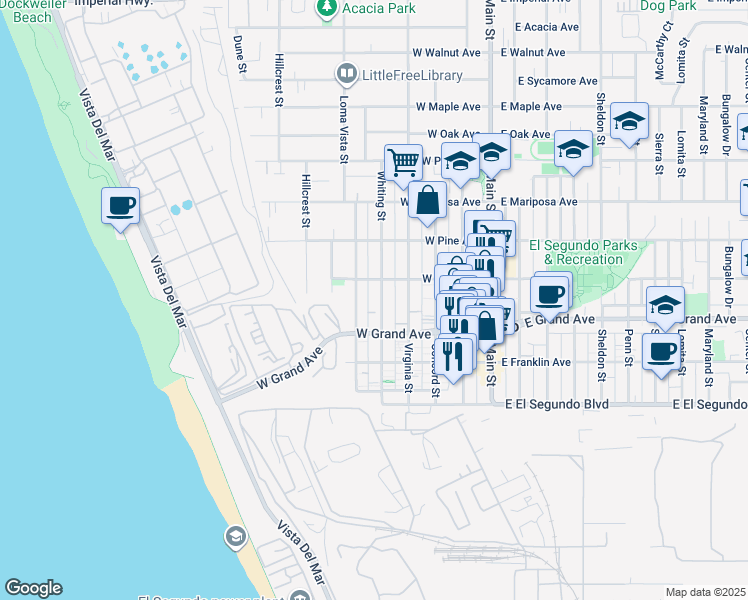 map of restaurants, bars, coffee shops, grocery stores, and more near 320 Whiting Street in El Segundo