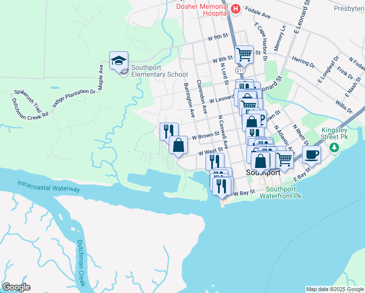 map of restaurants, bars, coffee shops, grocery stores, and more near 514 W West Street in Southport