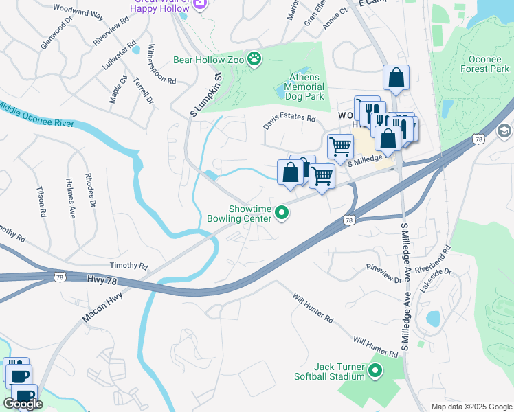 map of restaurants, bars, coffee shops, grocery stores, and more near 555 Macon Highway in Athens