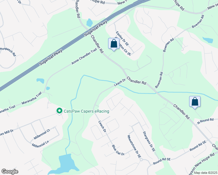 map of restaurants, bars, coffee shops, grocery stores, and more near 1465 Leach Drive in Lawrenceville
