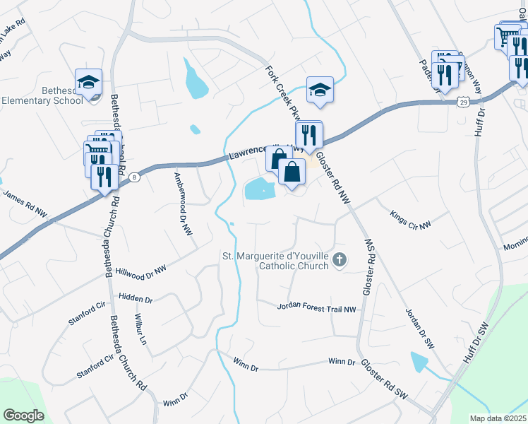 map of restaurants, bars, coffee shops, grocery stores, and more near in Lawrenceville