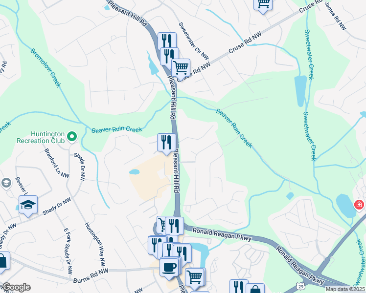 map of restaurants, bars, coffee shops, grocery stores, and more near 748 Pleasant Hill Road in Lilburn