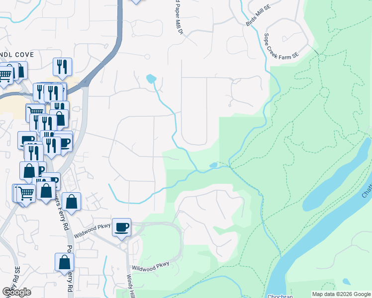 map of restaurants, bars, coffee shops, grocery stores, and more near 1260 Timberland Drive in Marietta
