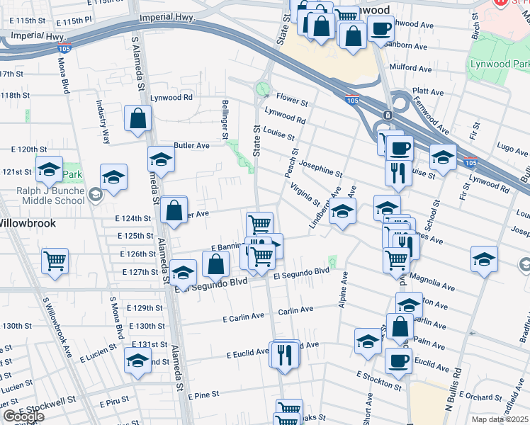 map of restaurants, bars, coffee shops, grocery stores, and more near 11968 North Santa Fe Avenue in Compton