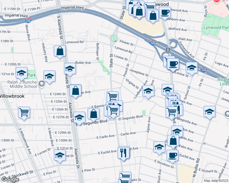map of restaurants, bars, coffee shops, grocery stores, and more near 11952 Santa Fe Avenue in Lynwood