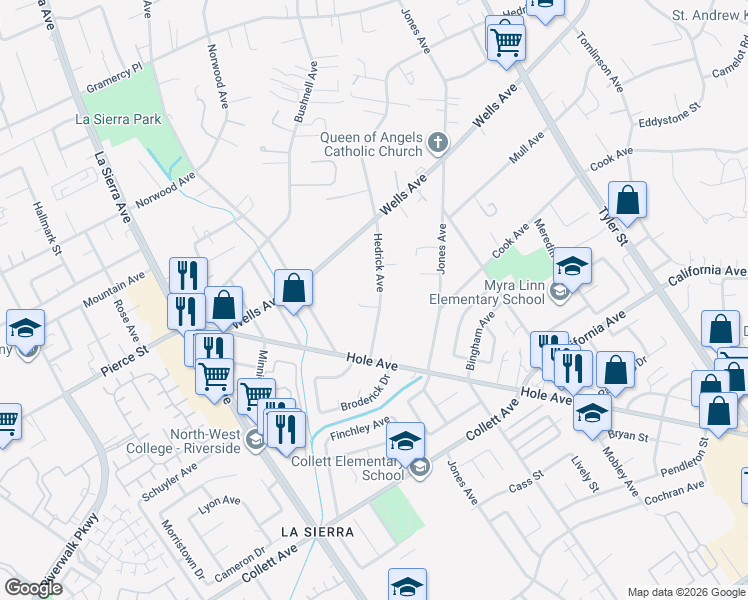 map of restaurants, bars, coffee shops, grocery stores, and more near 4631 Hedrick Avenue in Riverside