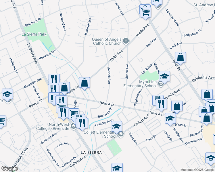 map of restaurants, bars, coffee shops, grocery stores, and more near 4998 Bushnell Avenue in Riverside