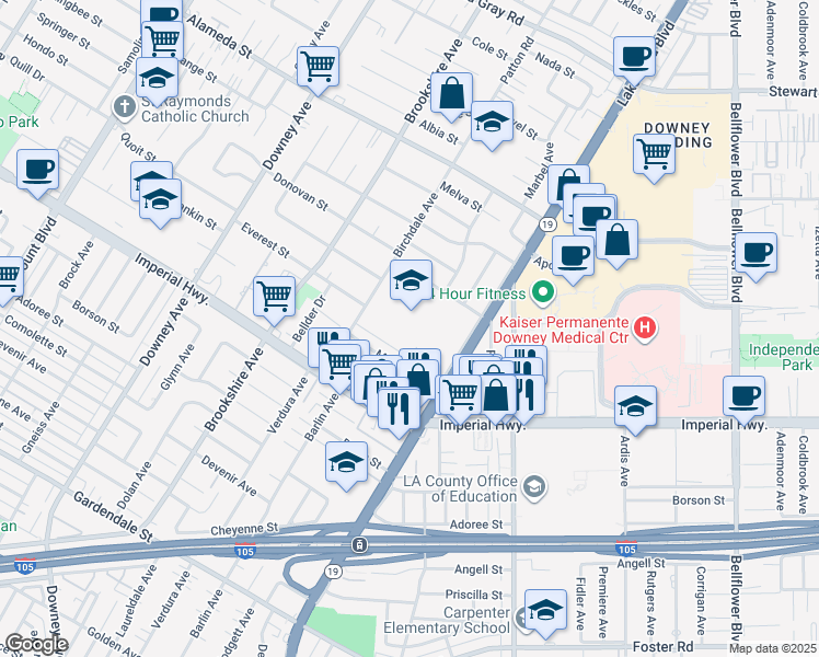 map of restaurants, bars, coffee shops, grocery stores, and more near 12500 Birchdale Avenue in Downey