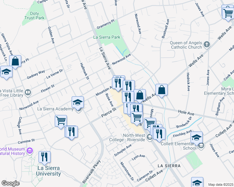 map of restaurants, bars, coffee shops, grocery stores, and more near in Riverside
