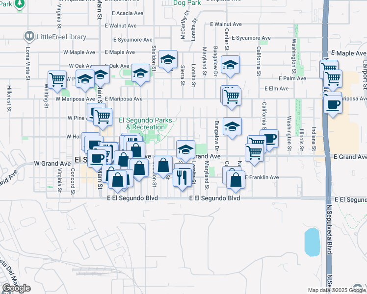 map of restaurants, bars, coffee shops, grocery stores, and more near 322 Sierra Street in El Segundo