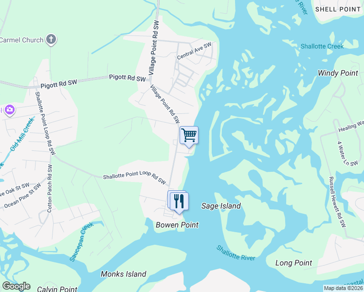 map of restaurants, bars, coffee shops, grocery stores, and more near 1651 Village Point Rd SW in Shallotte