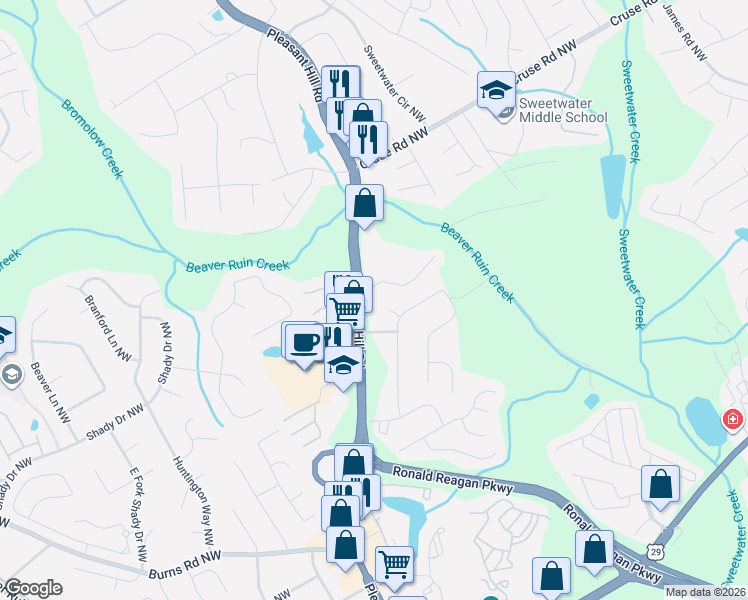 map of restaurants, bars, coffee shops, grocery stores, and more near 723 Rebecca Street Northwest in Lilburn