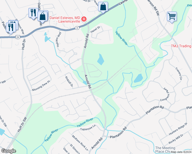 map of restaurants, bars, coffee shops, grocery stores, and more near 245 Laurelton Circle Southwest in Lawrenceville