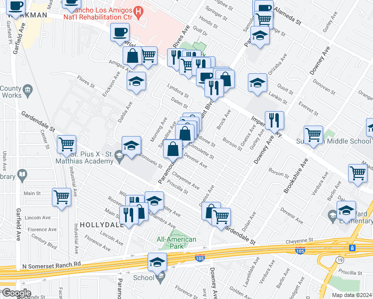 map of restaurants, bars, coffee shops, grocery stores, and more near 12912 Paramount Boulevard in Downey