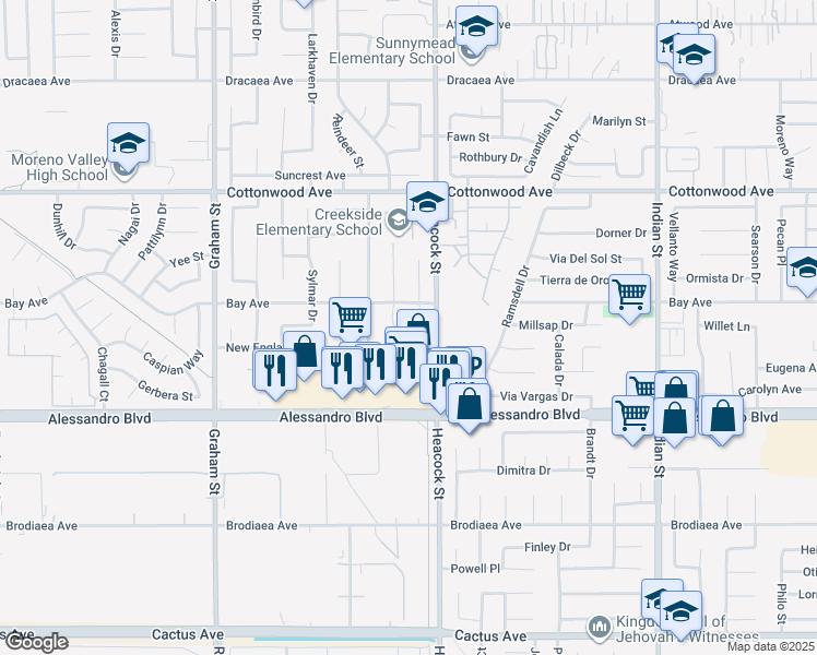 map of restaurants, bars, coffee shops, grocery stores, and more near 23953 Bay Avenue in Moreno Valley