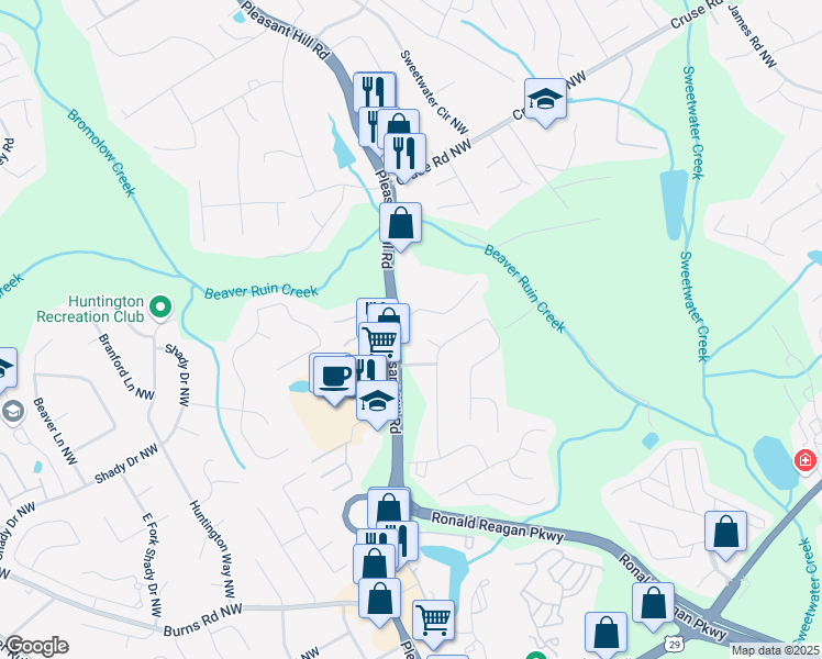 map of restaurants, bars, coffee shops, grocery stores, and more near 748 Pleasant Hill Road in Lilburn
