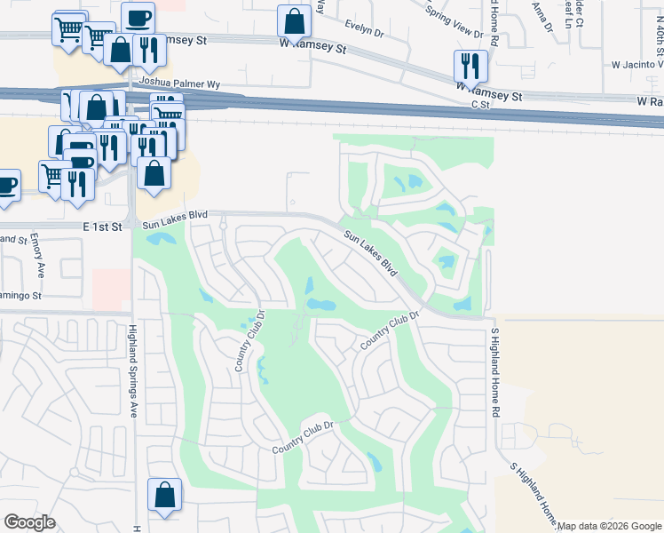 map of restaurants, bars, coffee shops, grocery stores, and more near 573 South Shoal Creek Street in Banning