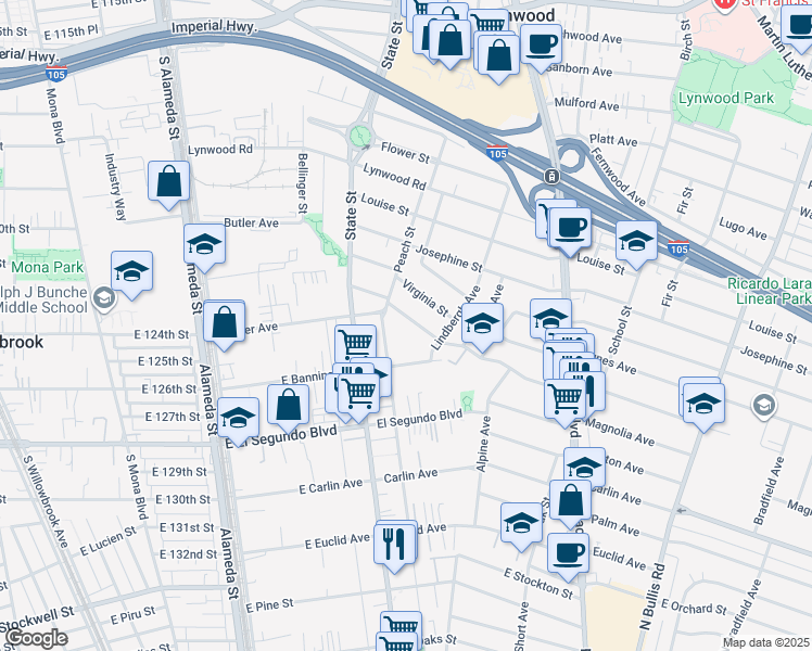 map of restaurants, bars, coffee shops, grocery stores, and more near 3234 Cedar Avenue in Lynwood