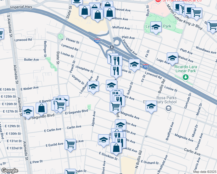 map of restaurants, bars, coffee shops, grocery stores, and more near 3386 Virginia Avenue in Lynwood