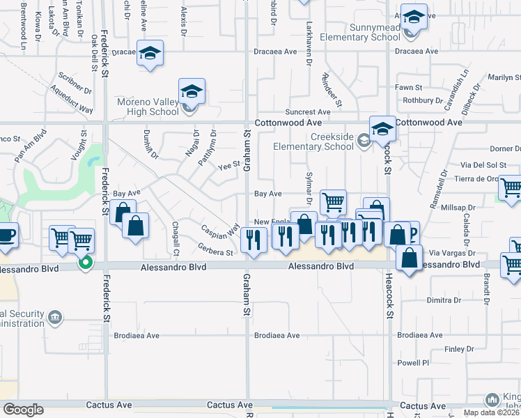 map of restaurants, bars, coffee shops, grocery stores, and more near 13804 Bellcrest Ct in Moreno Valley