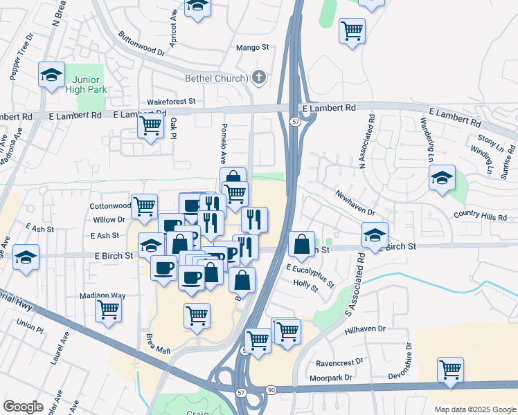 map of restaurants, bars, coffee shops, grocery stores, and more near 130 South State College Boulevard in Brea