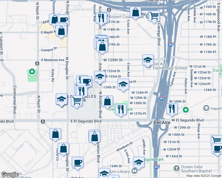 map of restaurants, bars, coffee shops, grocery stores, and more near 5518 West 124th Street in Hawthorne