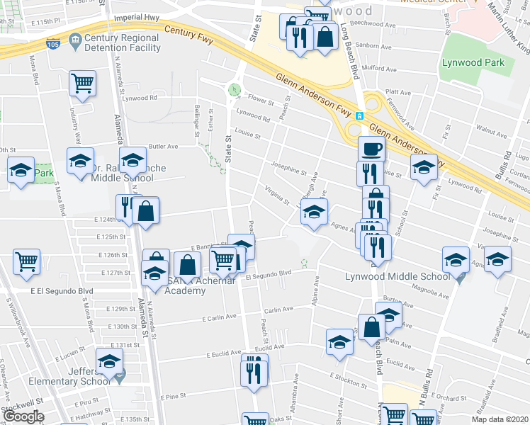 map of restaurants, bars, coffee shops, grocery stores, and more near 3234 Cedar Avenue in Lynwood