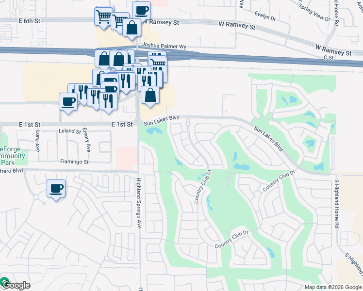 map of restaurants, bars, coffee shops, grocery stores, and more near 631 La Costa Drive in Banning