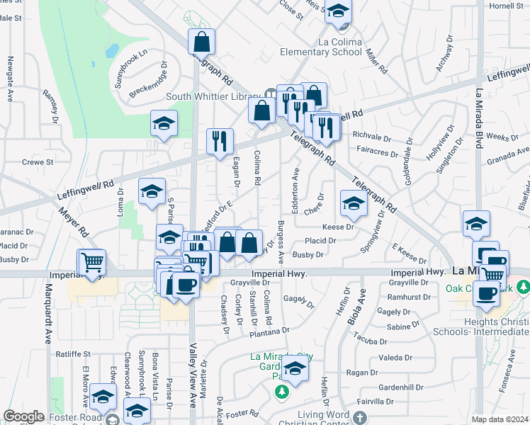 map of restaurants, bars, coffee shops, grocery stores, and more near 12100 Colima Road in Whittier