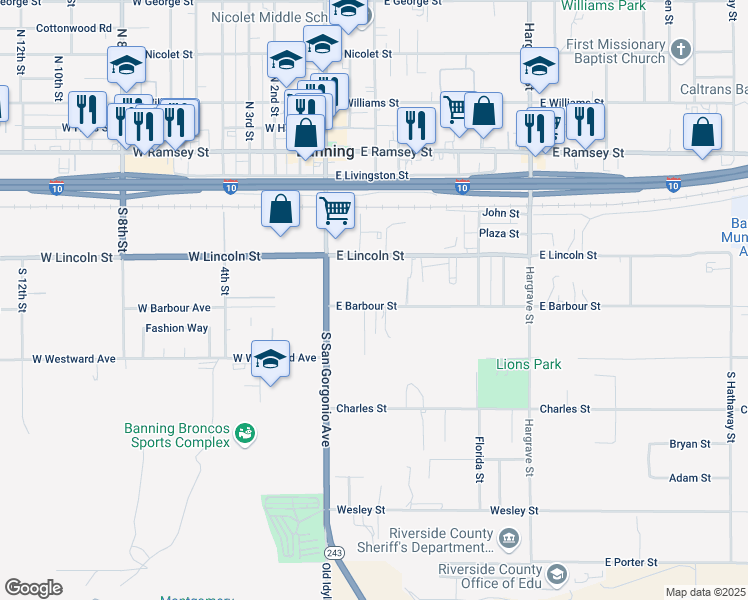 map of restaurants, bars, coffee shops, grocery stores, and more near 260 East Barbour Street in Banning