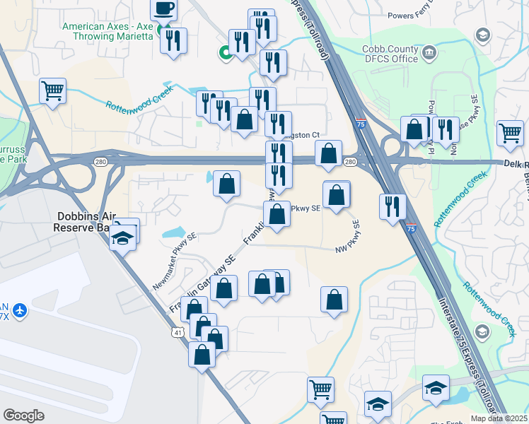 map of restaurants, bars, coffee shops, grocery stores, and more near 1434 Franklin Gateway Southeast in Marietta