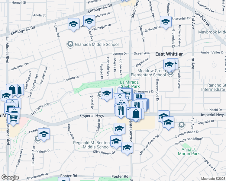 map of restaurants, bars, coffee shops, grocery stores, and more near 15665 Surrey Lane in La Mirada