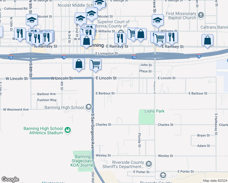 map of restaurants, bars, coffee shops, grocery stores, and more near 275 East Barbour Street in Banning