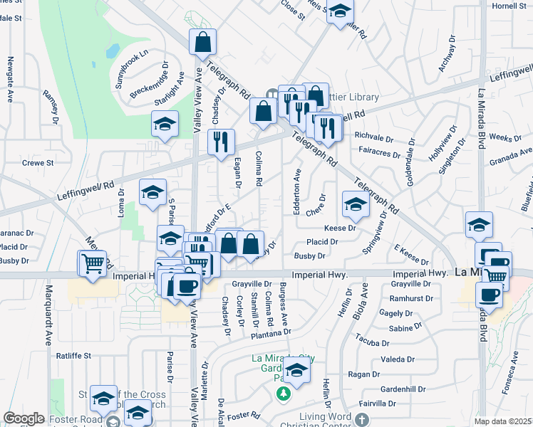map of restaurants, bars, coffee shops, grocery stores, and more near 12100 Colima Road in Whittier