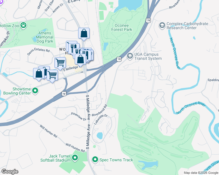 map of restaurants, bars, coffee shops, grocery stores, and more near 2501 Riverbend Road in Athens