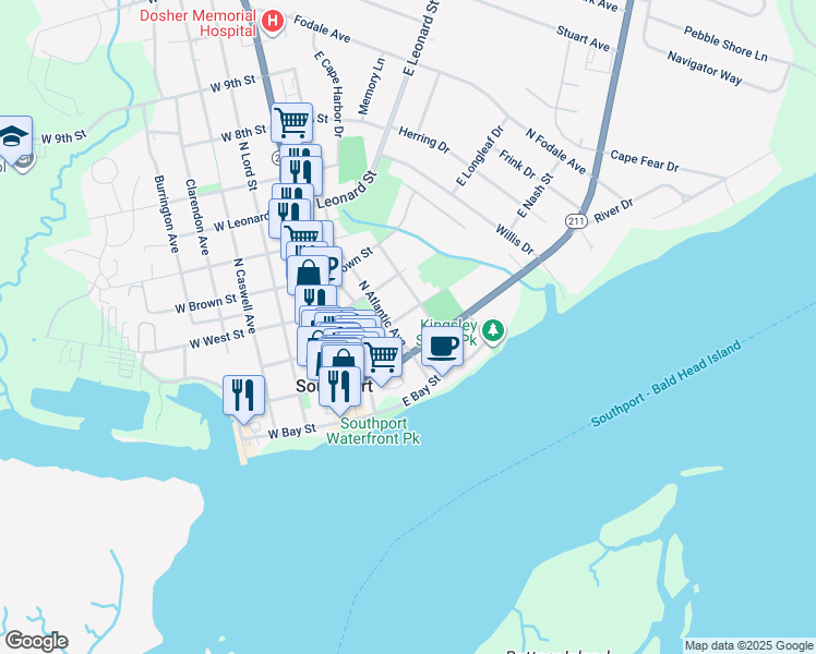 map of restaurants, bars, coffee shops, grocery stores, and more near 308 East Nash Street in Southport