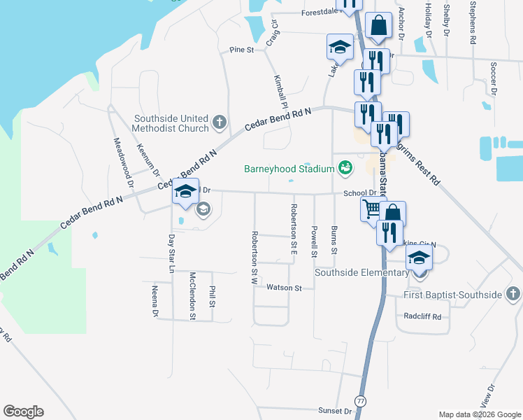 map of restaurants, bars, coffee shops, grocery stores, and more near 2301 Robertson Street West in Gadsden