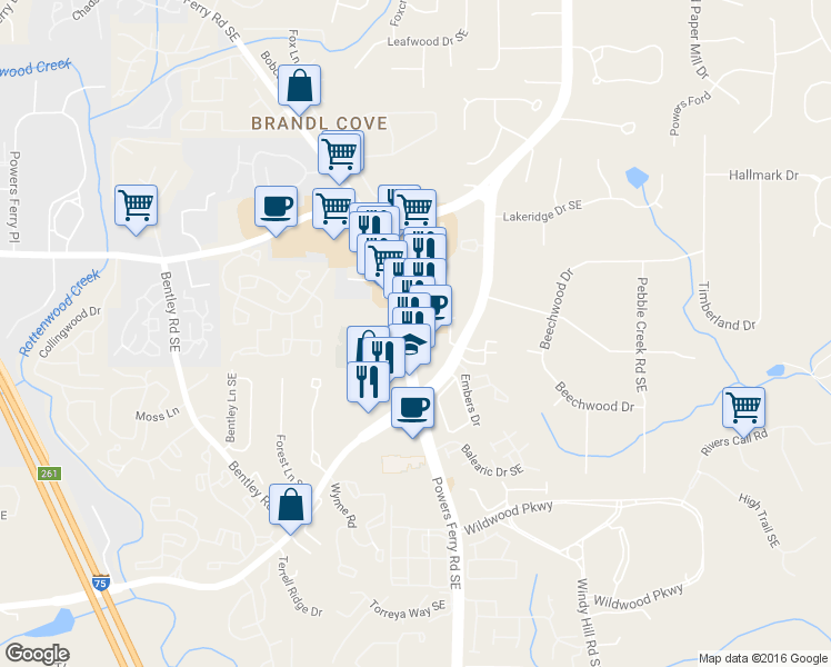 map of restaurants, bars, coffee shops, grocery stores, and more near 1305 Powers Ferry Road Southeast in Marietta