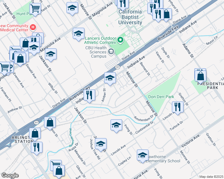 map of restaurants, bars, coffee shops, grocery stores, and more near 8842 Mentone Place in Riverside
