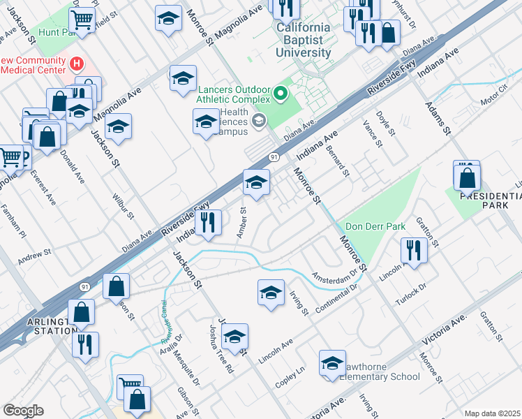 map of restaurants, bars, coffee shops, grocery stores, and more near 8842 Mentone Place in Riverside