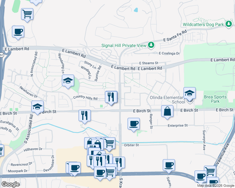 map of restaurants, bars, coffee shops, grocery stores, and more near 114 Ambling Drive in Brea