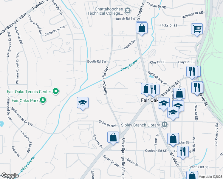 map of restaurants, bars, coffee shops, grocery stores, and more near 121 Creighton Lane in Marietta